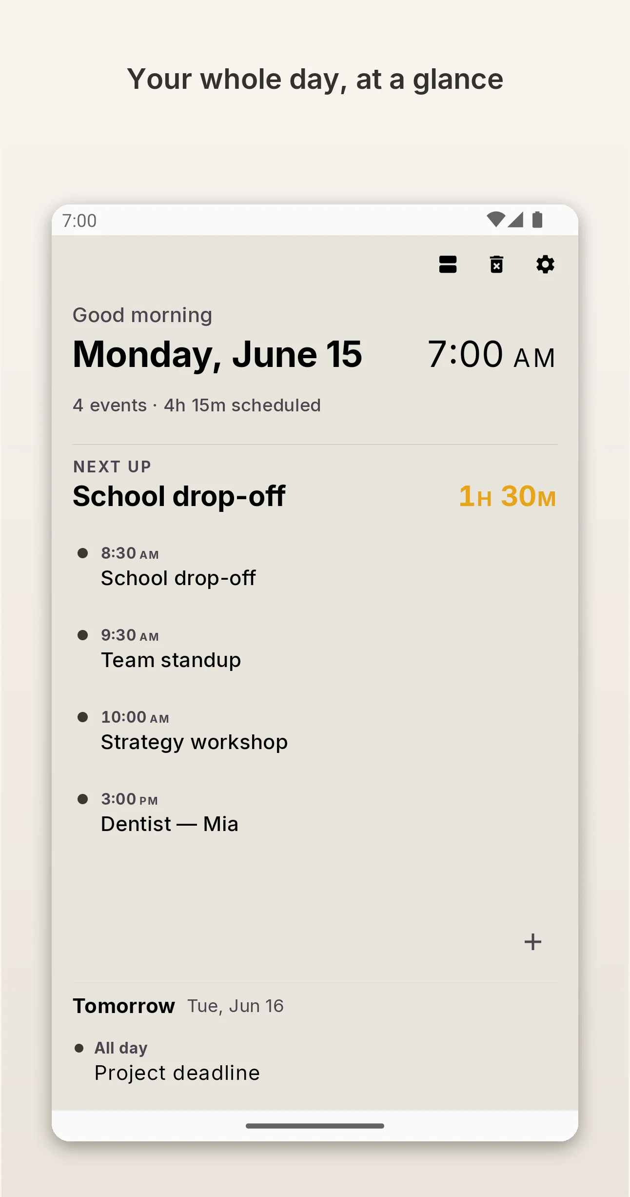 Compact vertical layout showing greeting, next event, full day list, and tomorrow preview