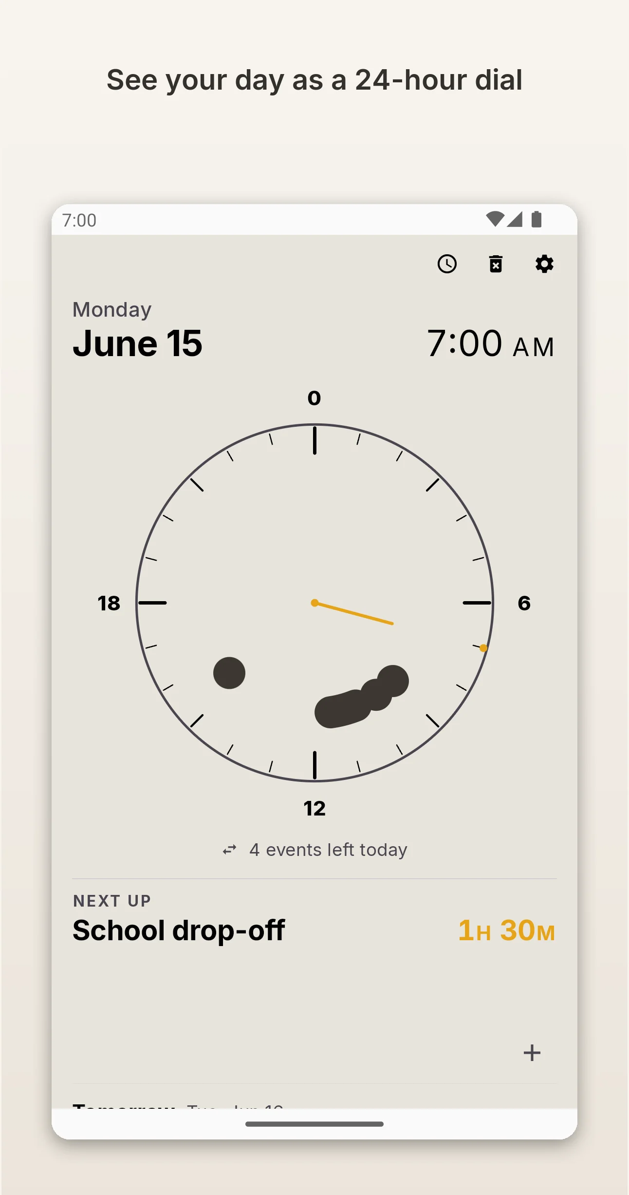 24-hour clock dial with events shown as dots around the dial