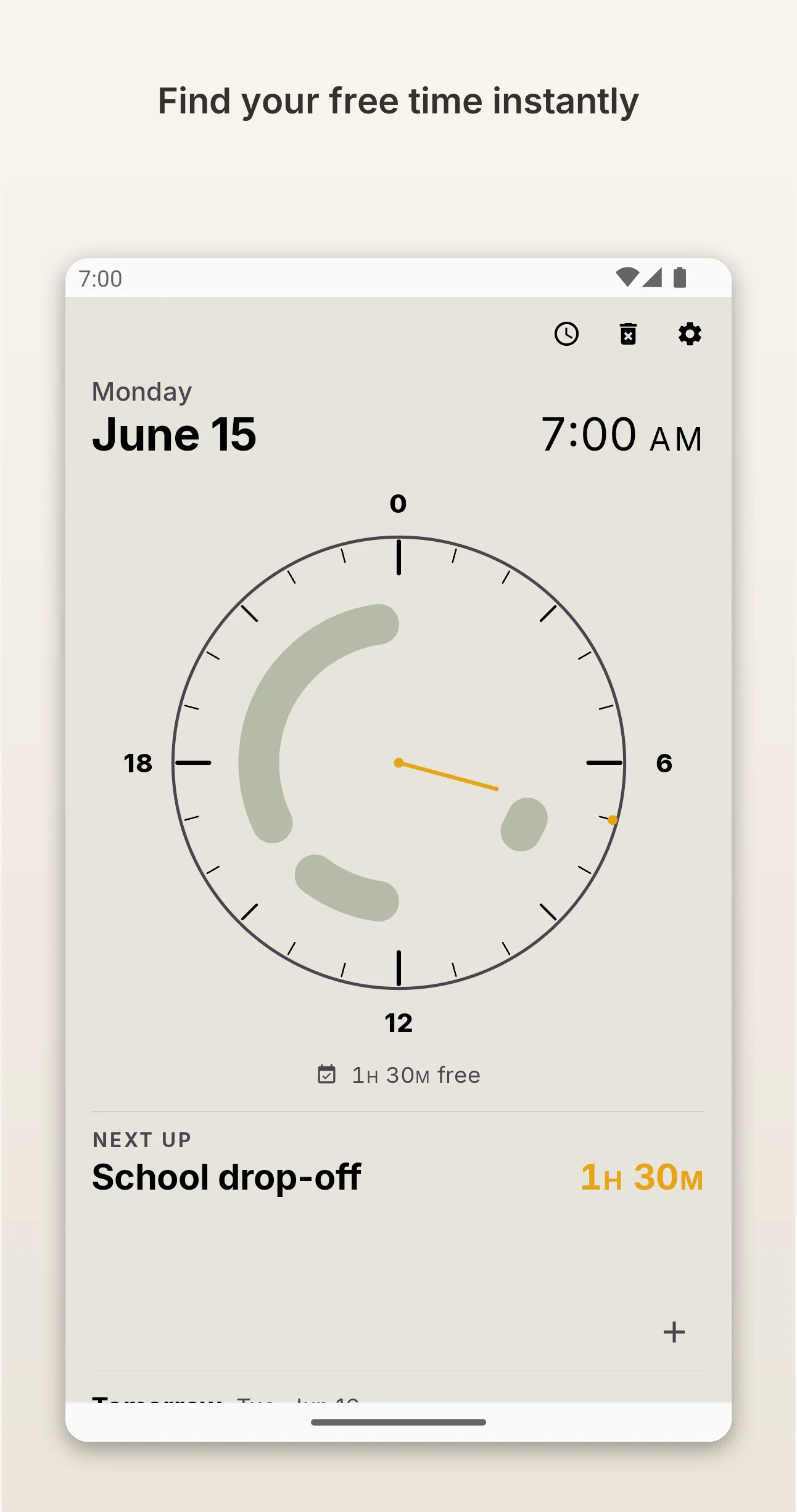 Clock dial with free time windows highlighted as soft sage-green arcs