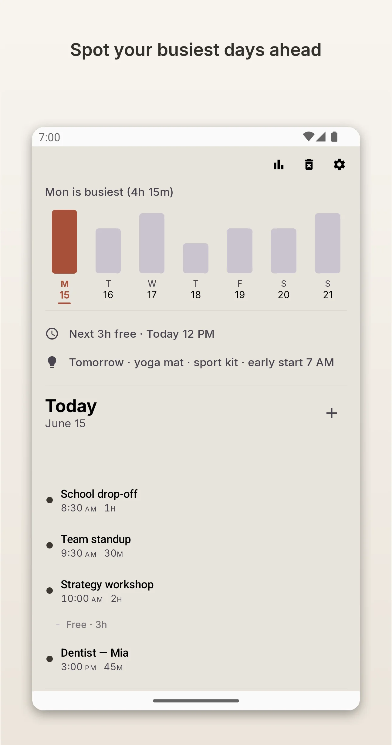 Week Pulse showing a bar chart of the week's busyness with a contextual tip