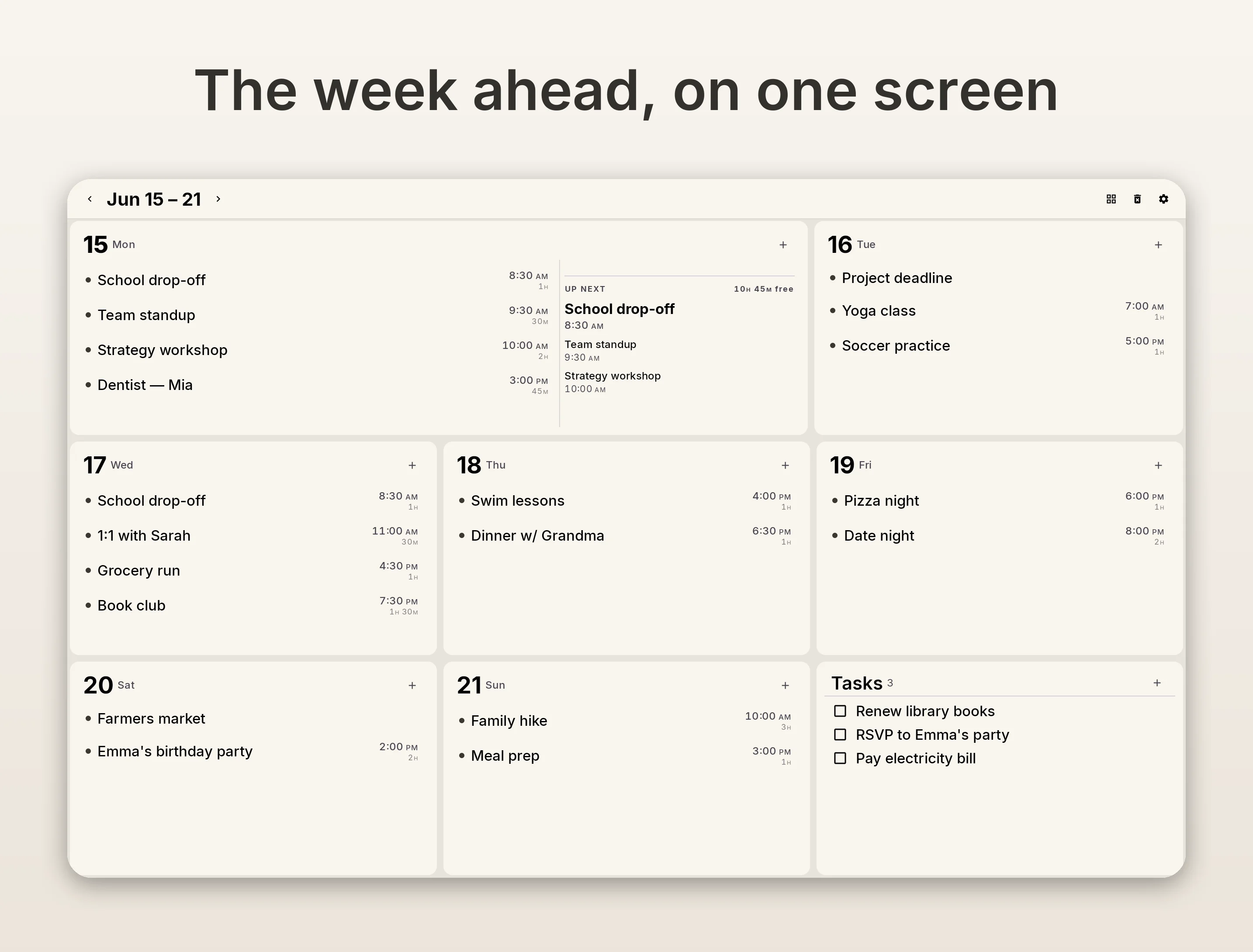 7-day grid view with tasks panel on a 10-inch tablet