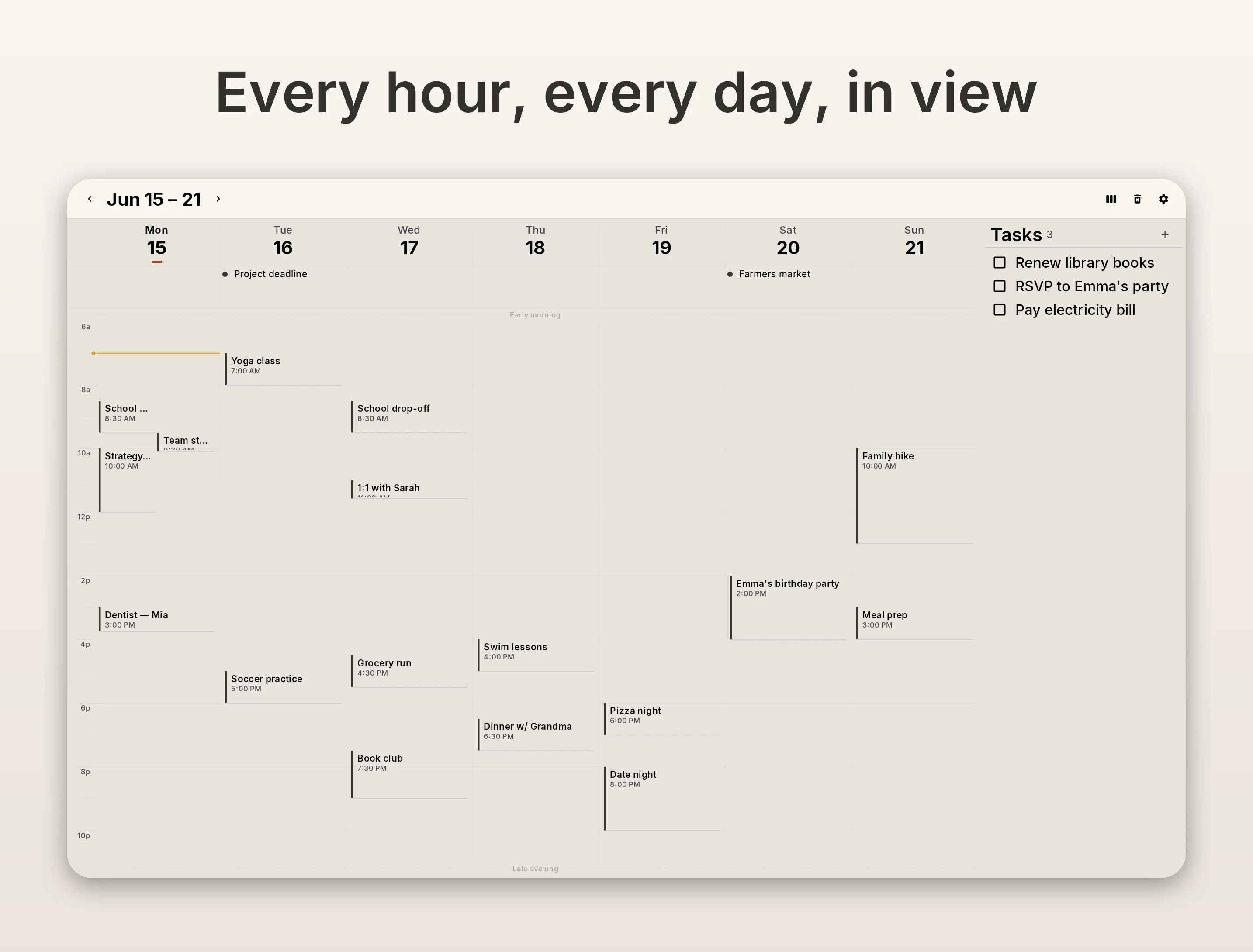 Horizontal timeline week view on a 10-inch tablet