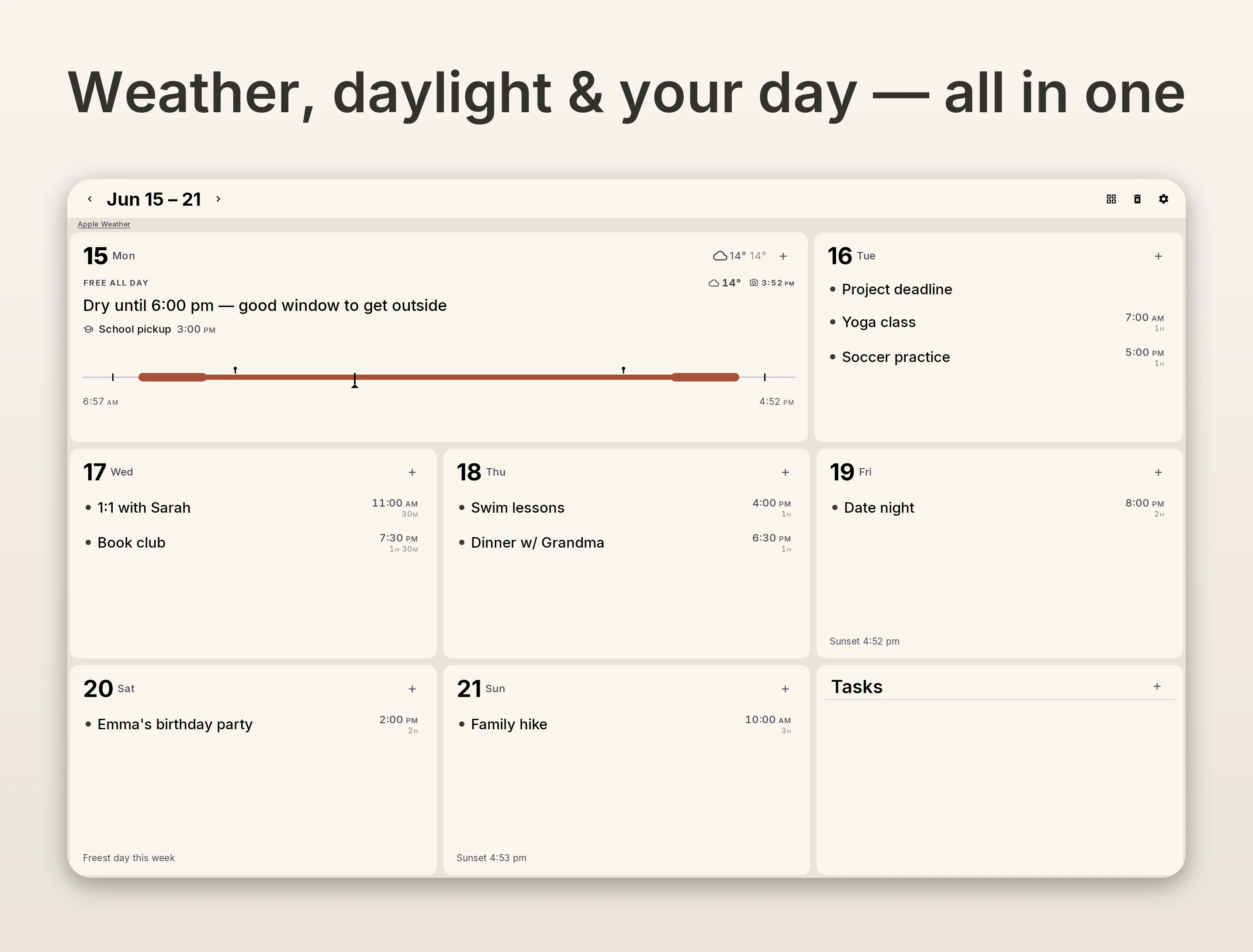 Grid view with weather narrative and daylight bar inside the today cell