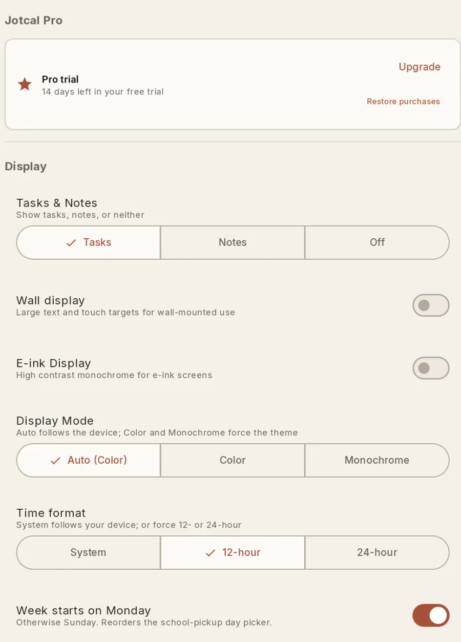 Settings → Display screen showing the Wall display and E-ink Display toggles, and the Display Mode picker set to Auto (Color).