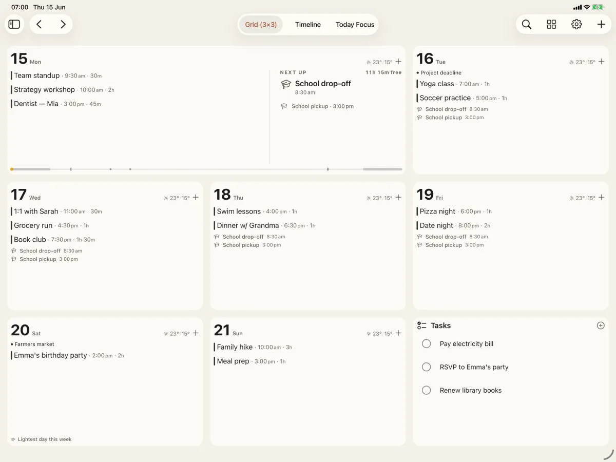 Grid layout: seven day cells in a 3x3 grid, each showing the day's events, with a Tasks panel in the corner.