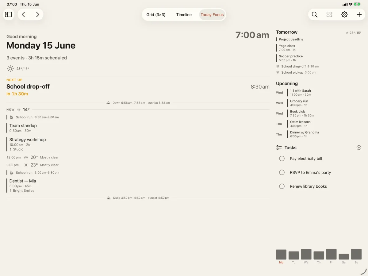 Daybook layout: today's schedule in detail on the left, tomorrow and the upcoming week with tasks on the right.